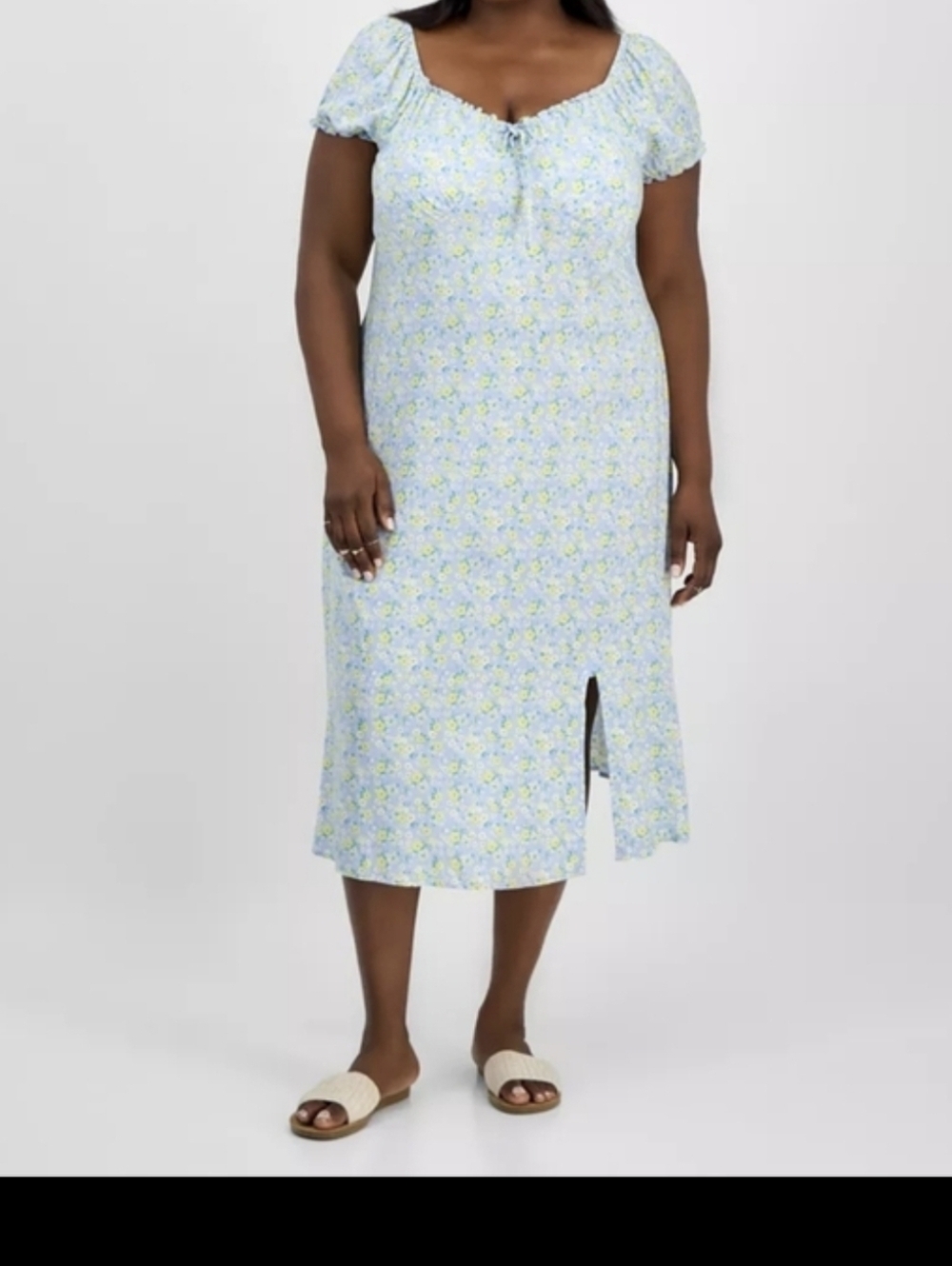 Light Blue Floral Midi Dress with Yellow Daisies